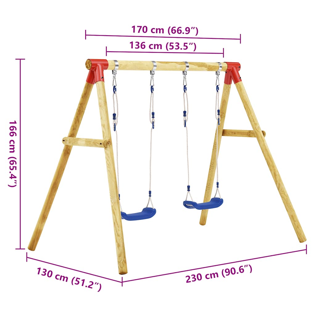 Swing set 230 x 130 x 166 cm made of pine wood