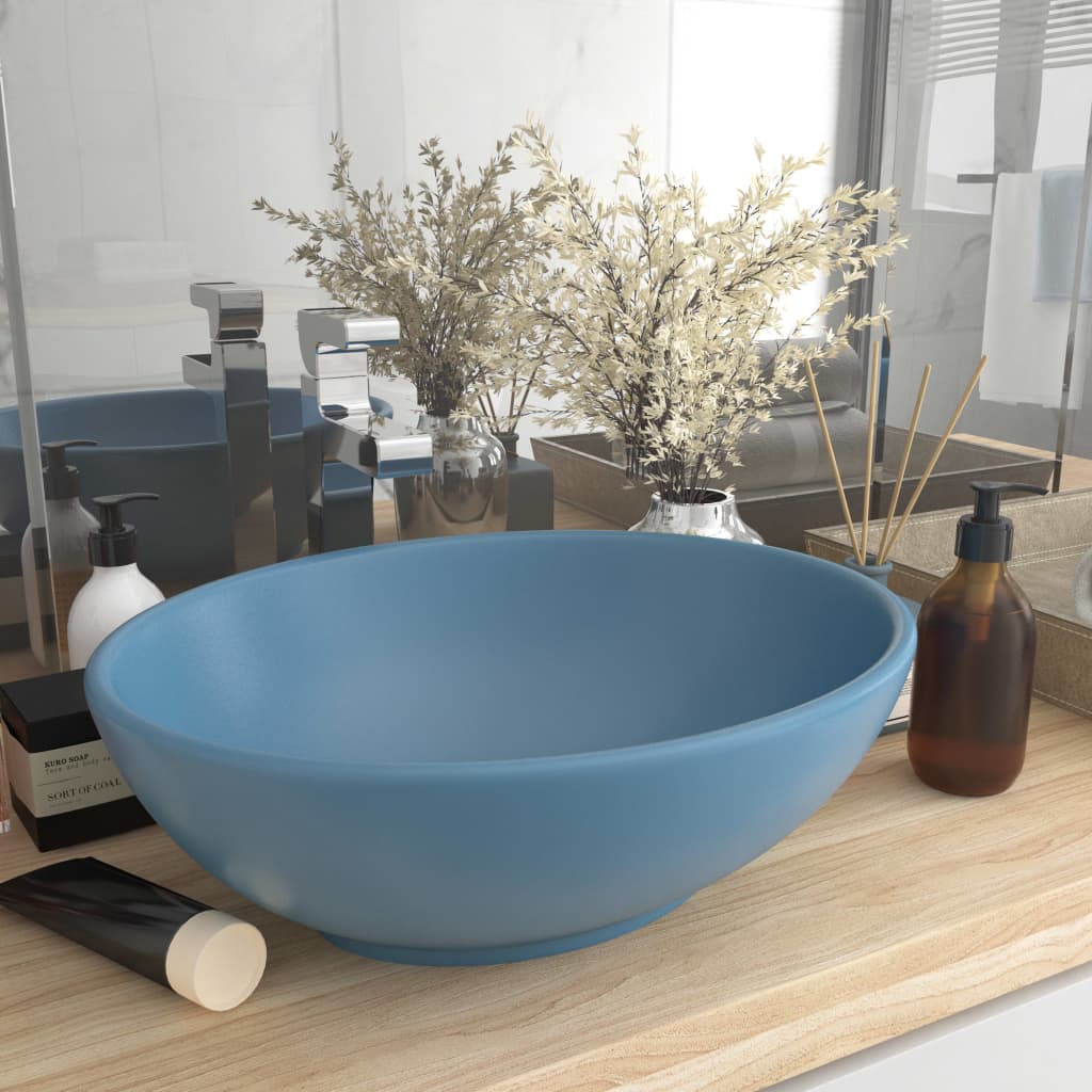 luxury oval sink, matte light blue, 40x33 cm ceramic