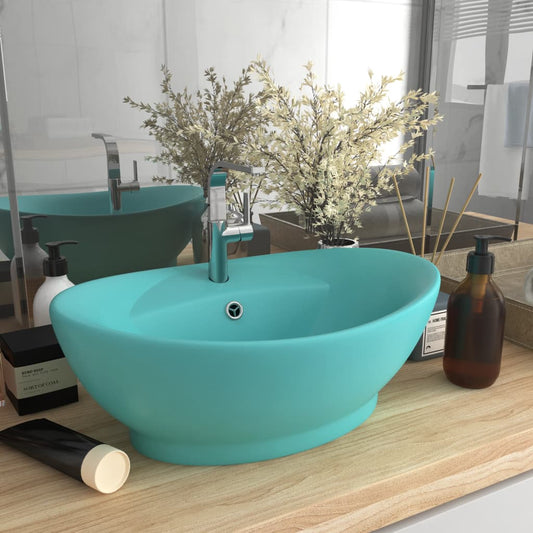 sink with overflow, oval matte green 58.5x39 cm ceramic