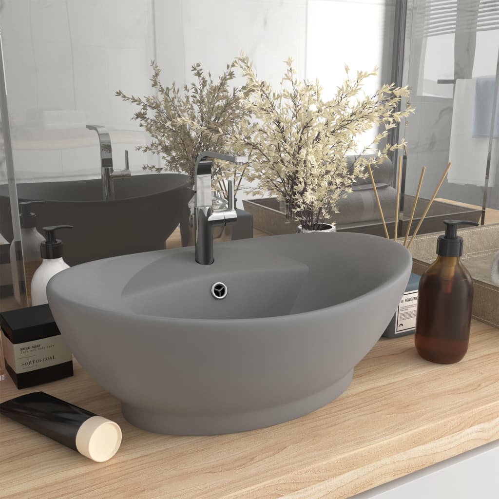 sink with overflow, oval matte light gray 58.5x39 cm ceramic