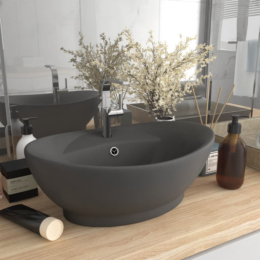 sink with overflow, oval matte dark gray 58.5x39 cm ceramic