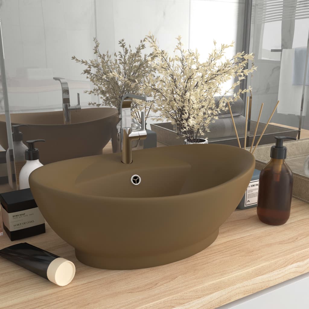 sink with overflow, oval matte cream 58.5 x 39 cm ceramic