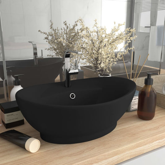 sink with overflow, oval matte black 58.5 x 39 cm ceramic