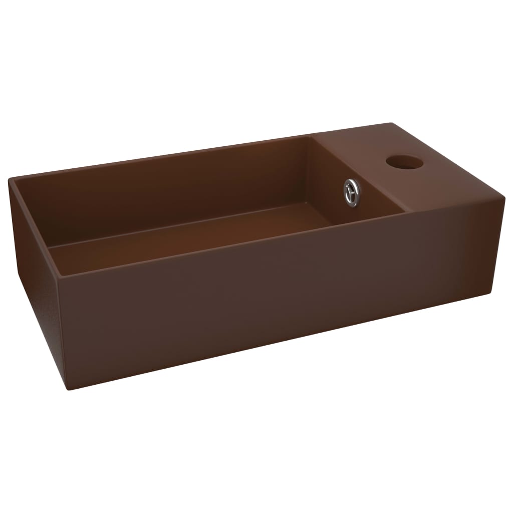 bathroom sink with overflow, ceramic, dark brown