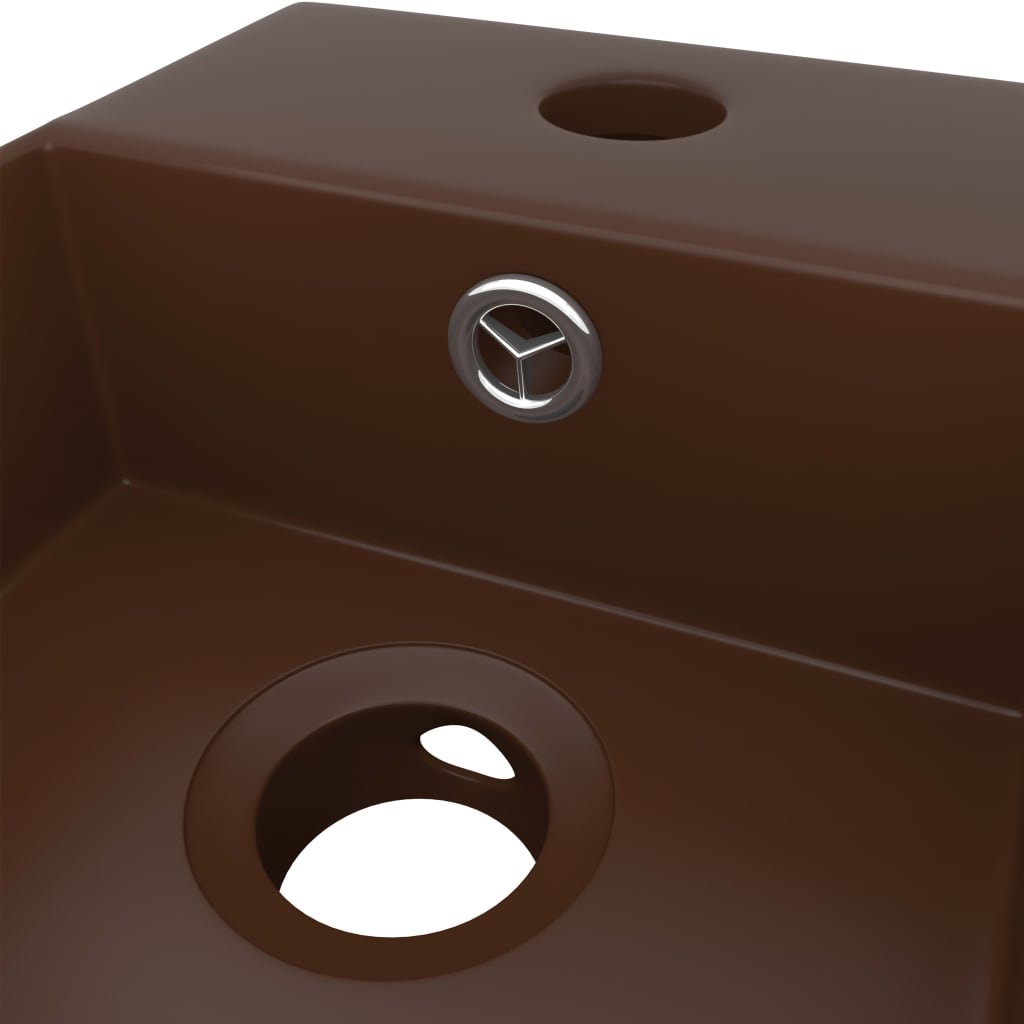 bathroom sink with overflow, ceramic, dark brown