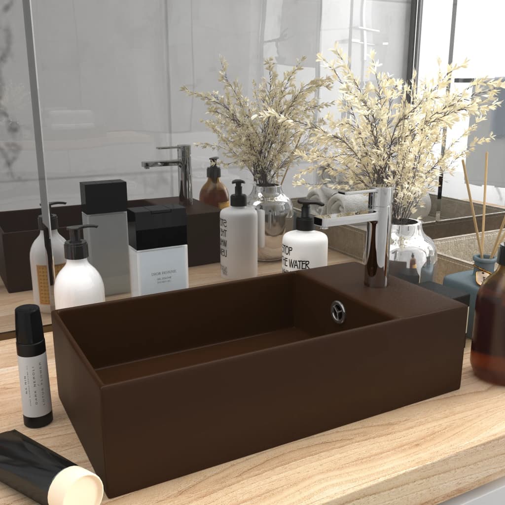 bathroom sink with overflow, ceramic, dark brown