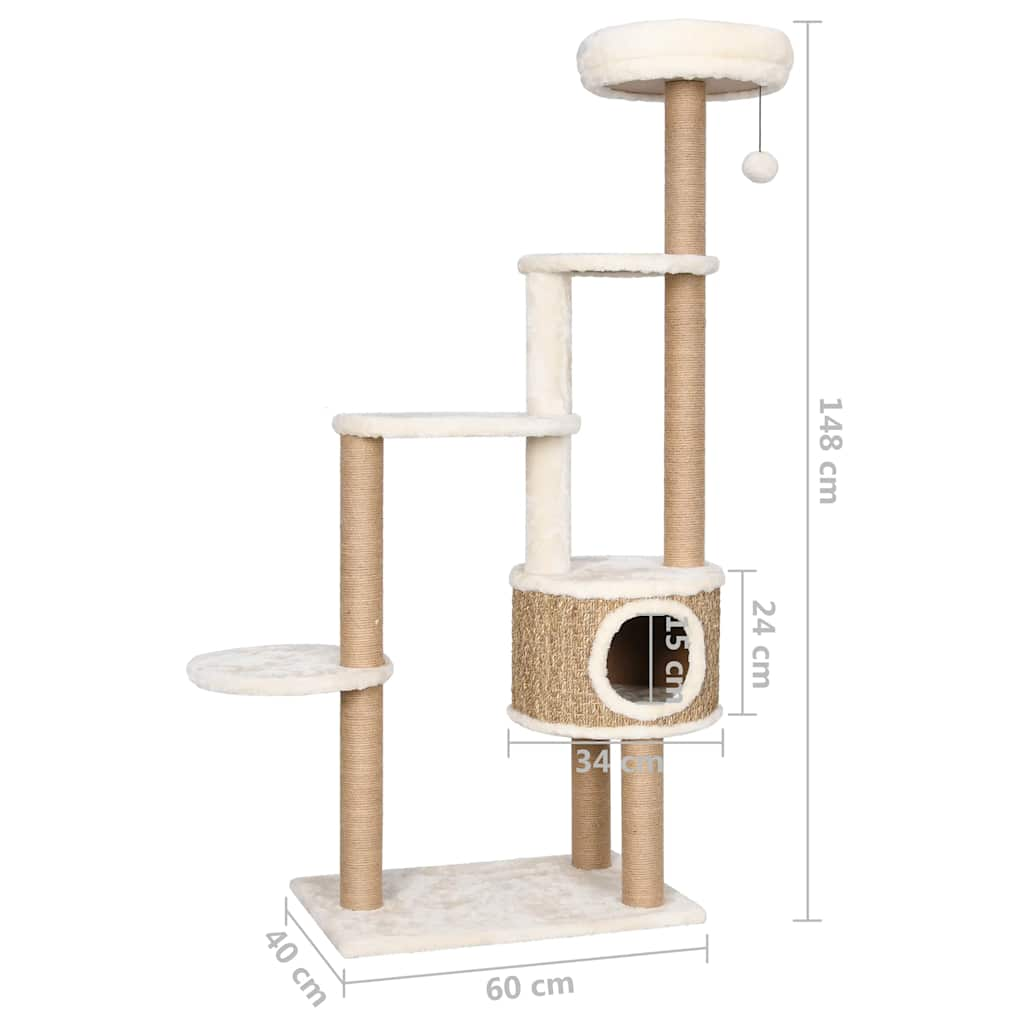 Cat house with luxurious cushion and scratching post, 148 cm seagrass