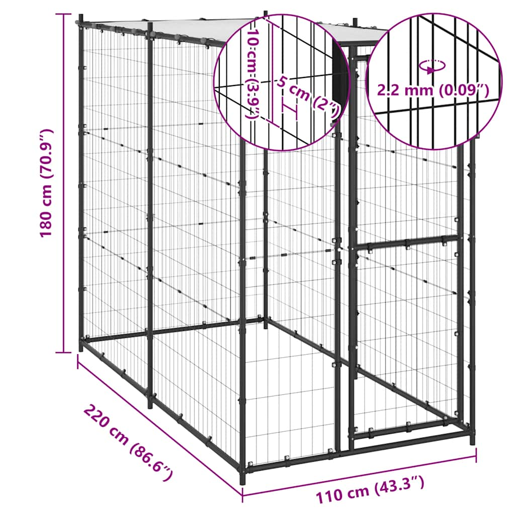 Dog fence with roof, steel, 110 x 220 x 180 cm