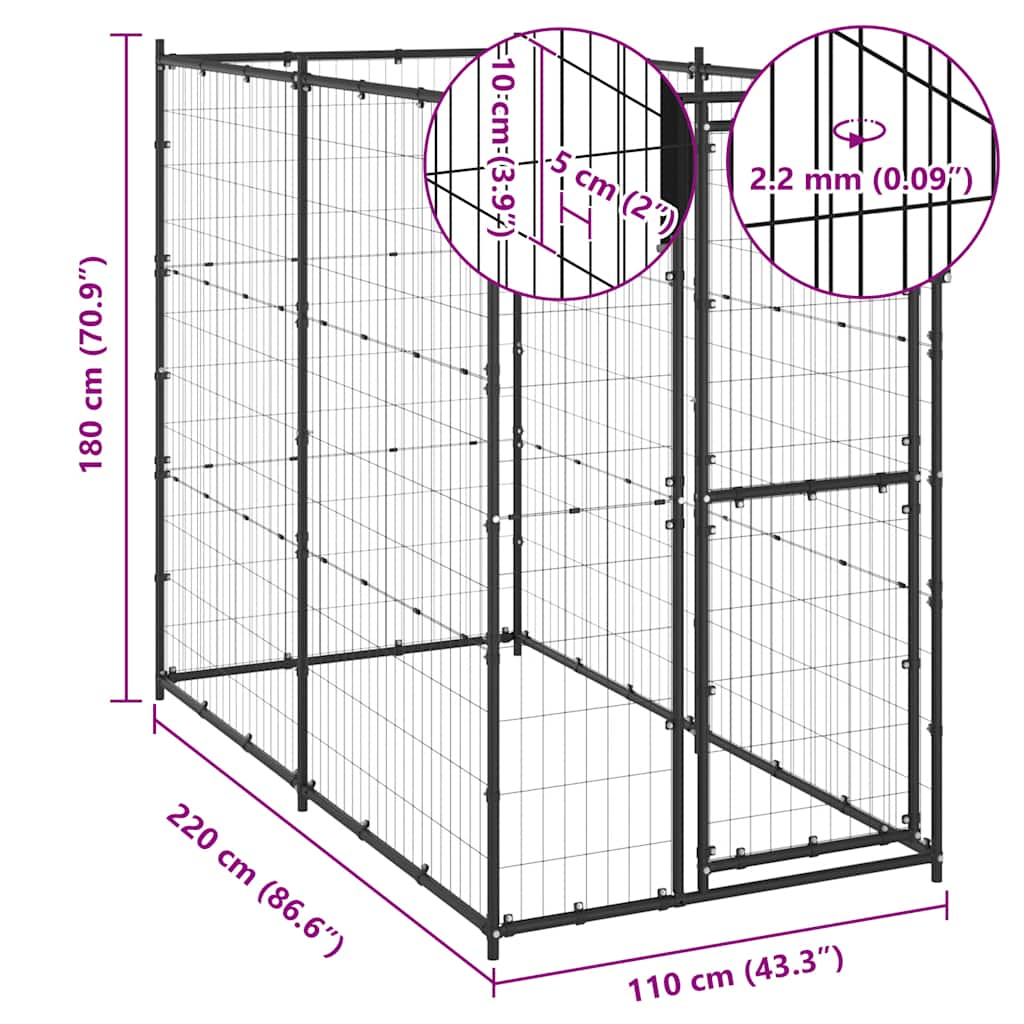 Dog fence with roof, steel, 110 x 220 x 180 cm