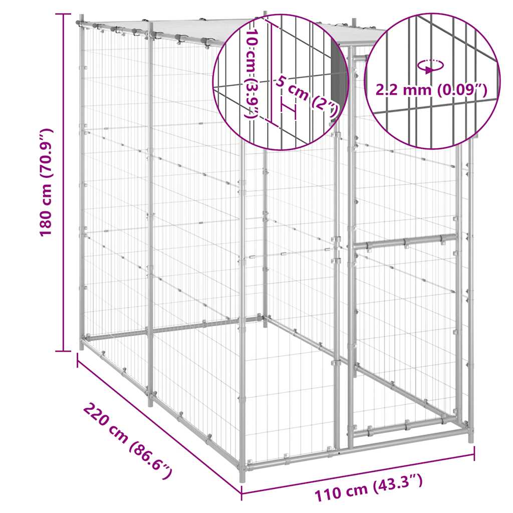 Dog fence with roof, galvanized steel, 110 x 220 x 180 cm