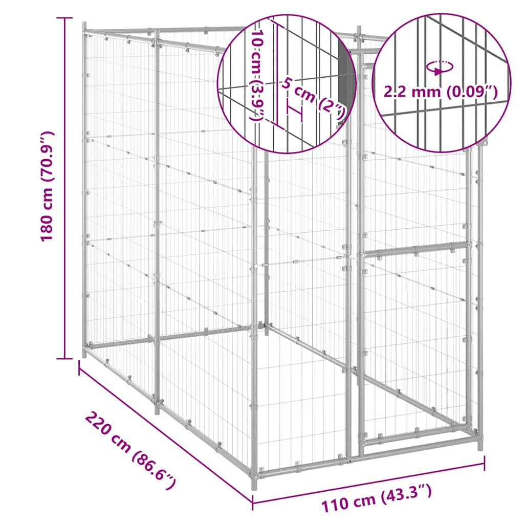 Dog fence with roof, galvanized steel, 110 x 220 x 180 cm