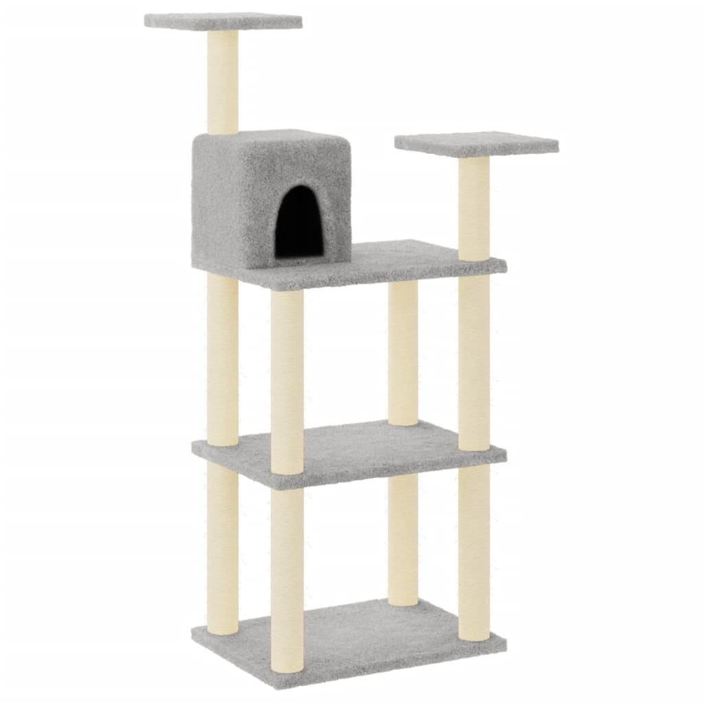 Cat house with sisal rope and scratching post, light grey, 118.5 cm