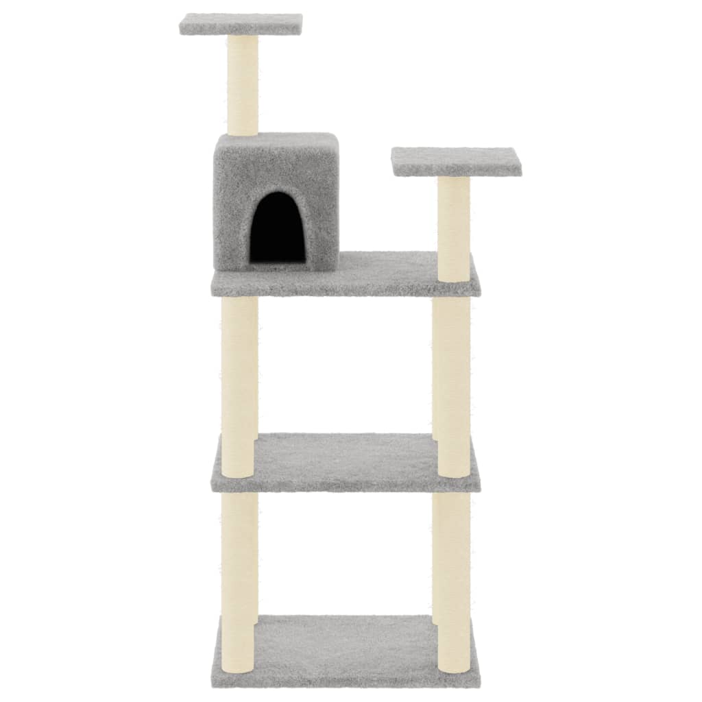 Cat house with sisal rope and scratching post, light grey, 118.5 cm