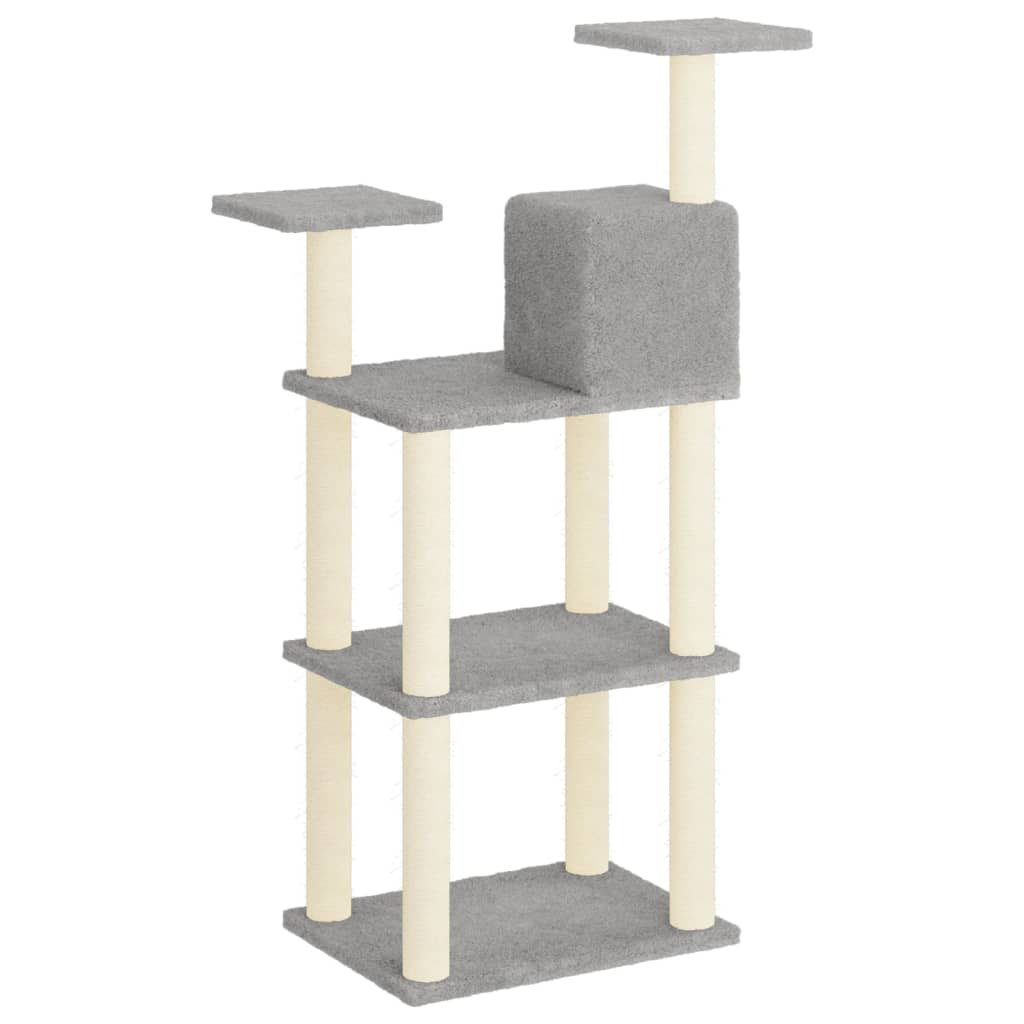 Cat house with sisal rope and scratching post, light grey, 118.5 cm