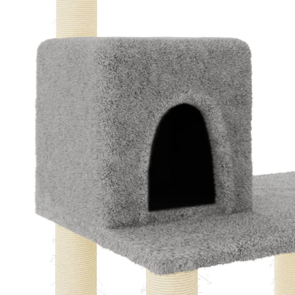 Cat house with sisal rope and scratching post, light grey, 118.5 cm