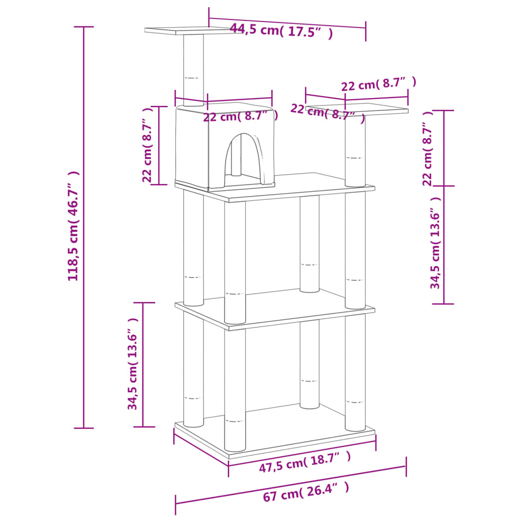 Cat house with sisal rope and scratching post, light grey, 118.5 cm