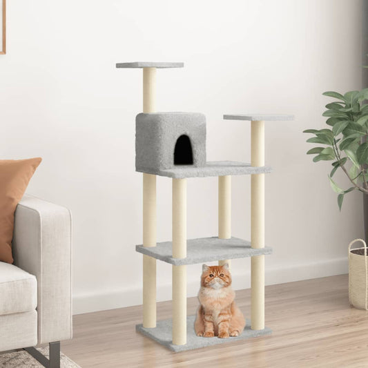 Cat house with sisal rope and scratching post, light grey, 118.5 cm