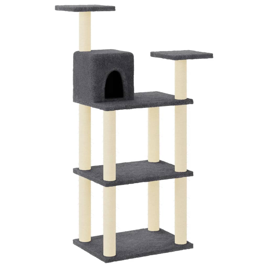 Cat house with sisal rope scratching post, dark grey, 118.5 cm