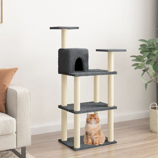 Cat house with sisal rope scratching post, dark grey, 118.5 cm