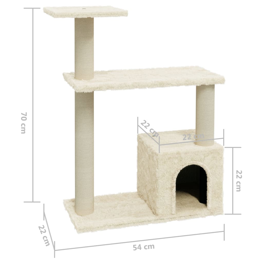 Cat house with sisal rope and scratching post, cream, 70 cm