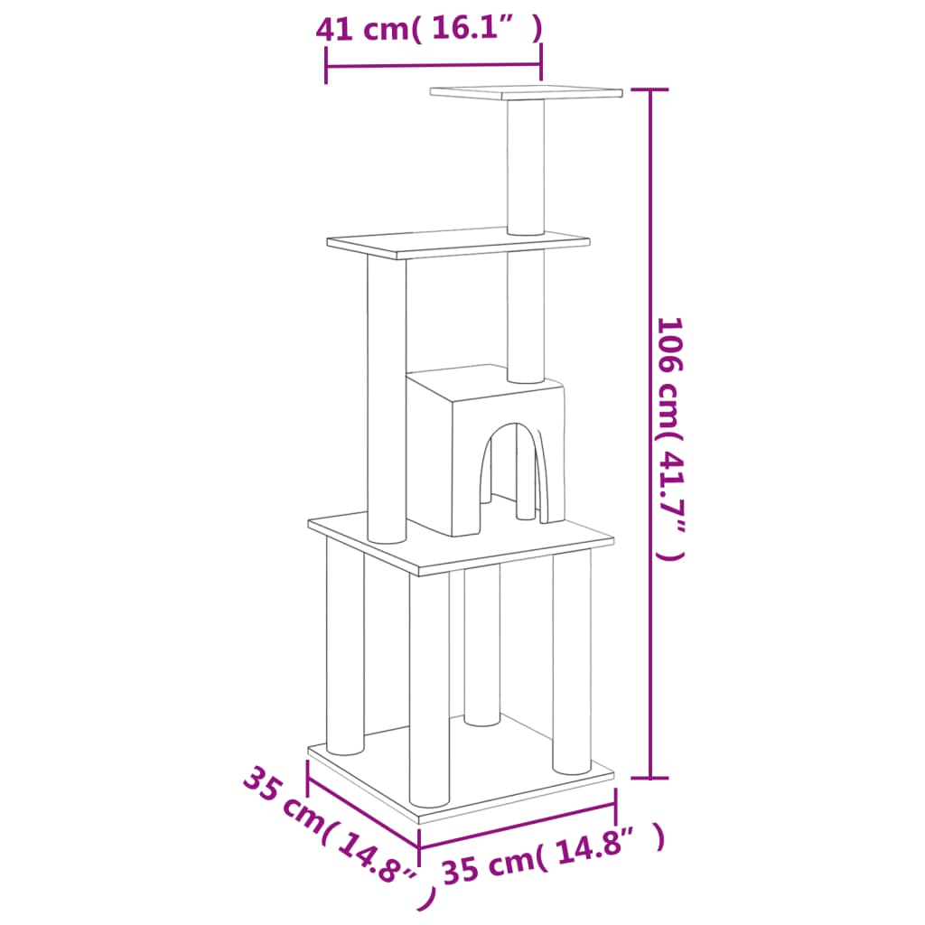 Cat house with sisal rope and scratching post, cream, 105 cm