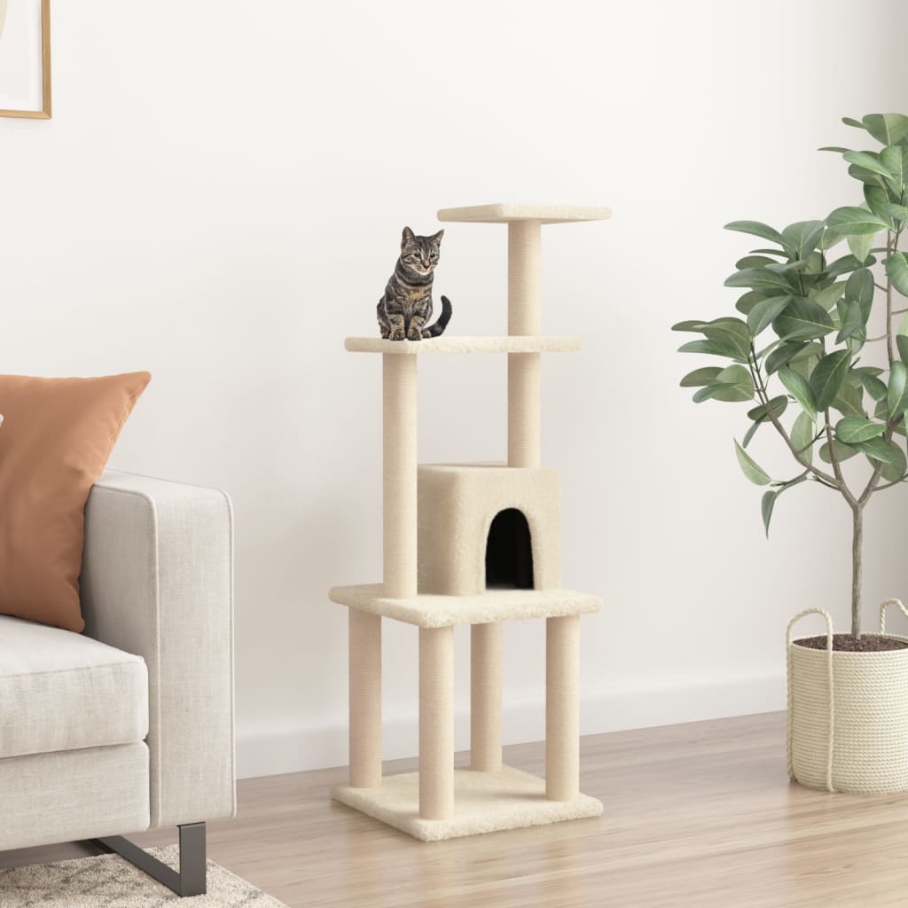 Cat house with sisal rope and scratching post, cream, 105 cm