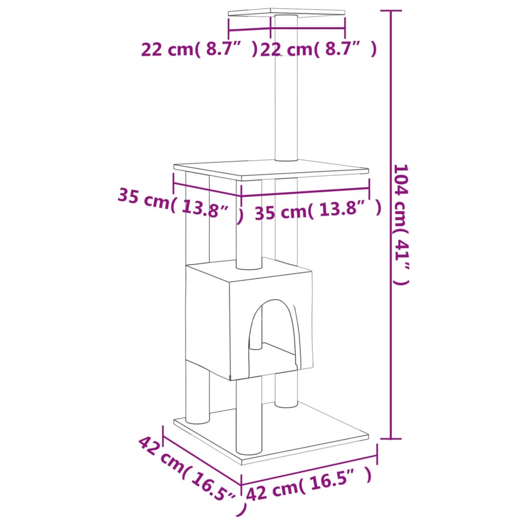 Cat house with sisal rope and scratching post, cream, 104 cm