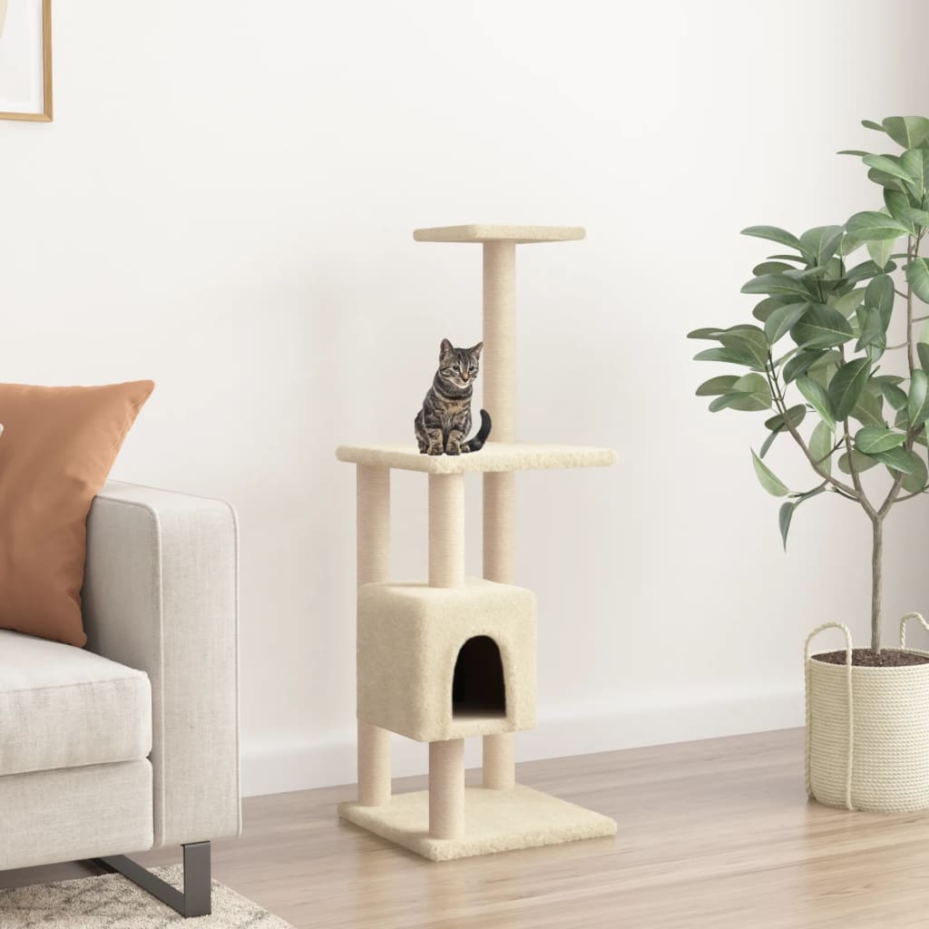 Cat house with sisal rope and scratching post, cream, 104 cm