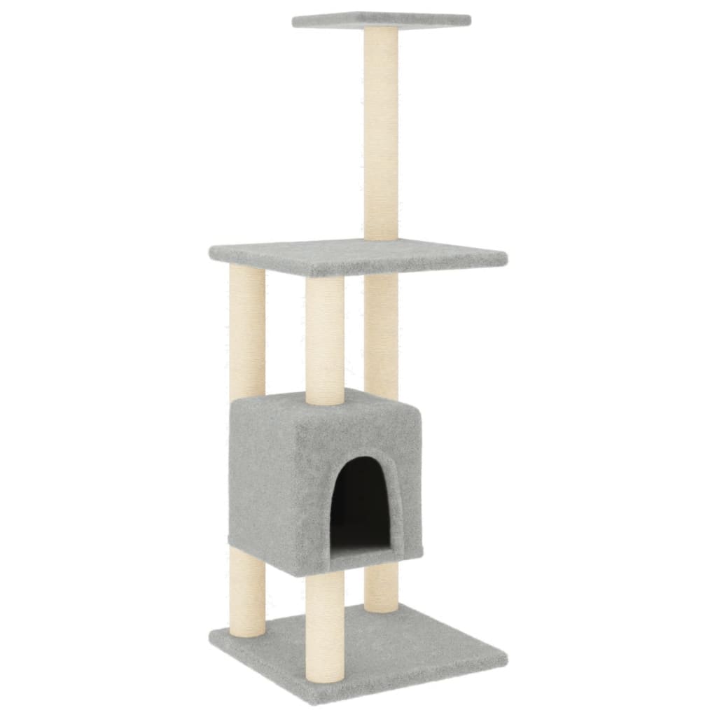 Cat house with sisal rope and scratching post, light grey, 104 cm