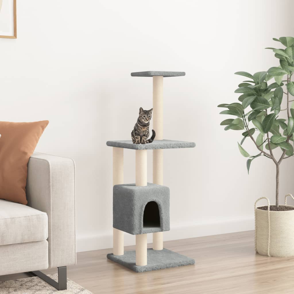 Cat house with sisal rope and scratching post, light grey, 104 cm