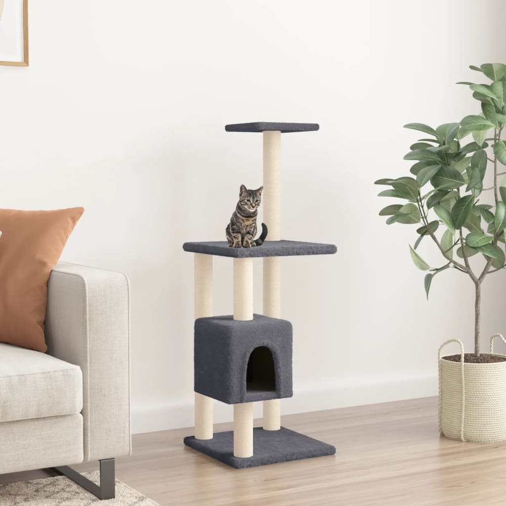 Cat house with sisal rope and scratching post, dark grey, 104 cm