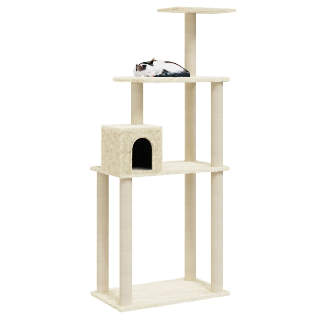 Cat house with sisal rope and scratching post, cream, 147 cm