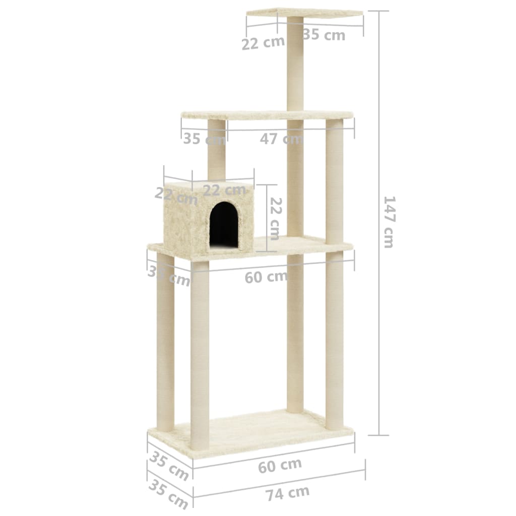 Cat house with sisal rope and scratching post, cream, 147 cm