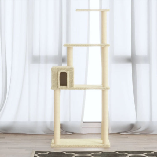 Cat house with sisal rope and scratching post, cream, 147 cm