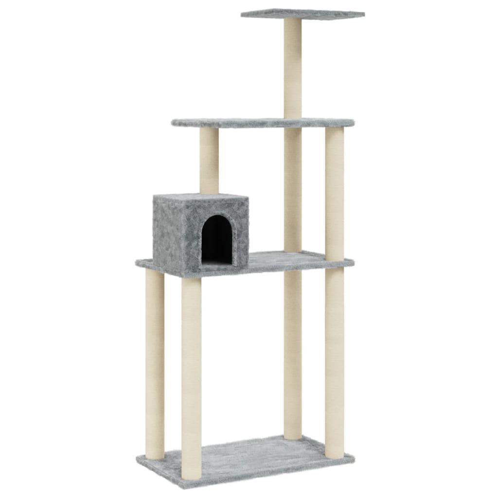 Cat house with sisal rope and scratching post, light grey, 147 cm