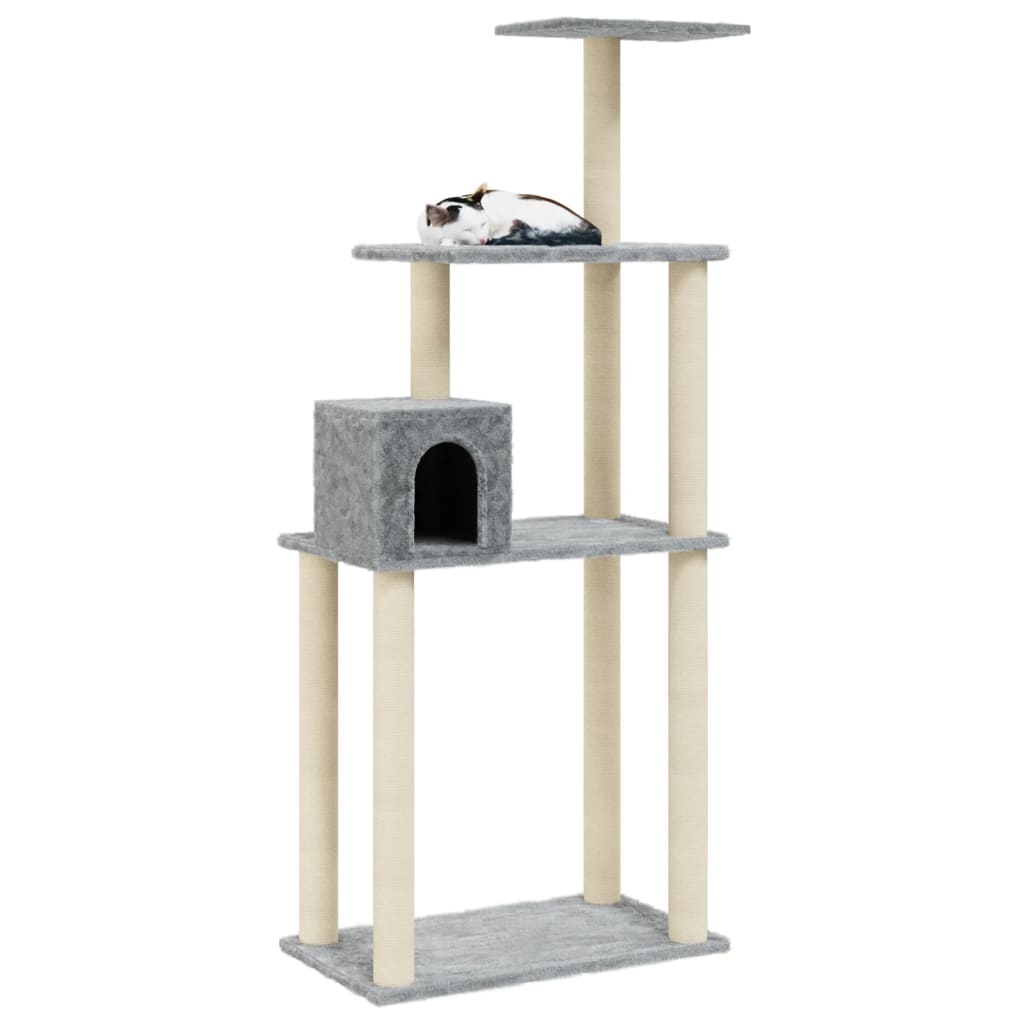 Cat house with sisal rope and scratching post, light grey, 147 cm