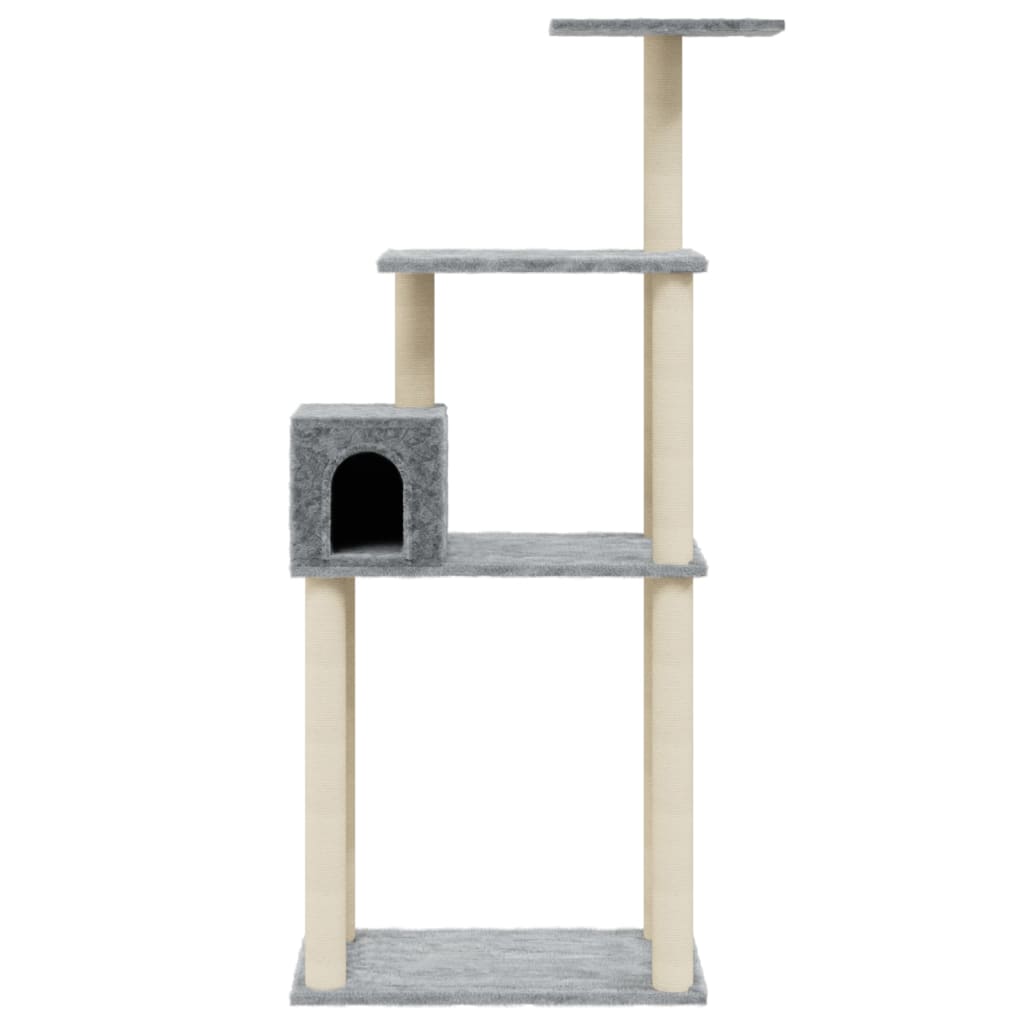 Cat house with sisal rope and scratching post, light grey, 147 cm