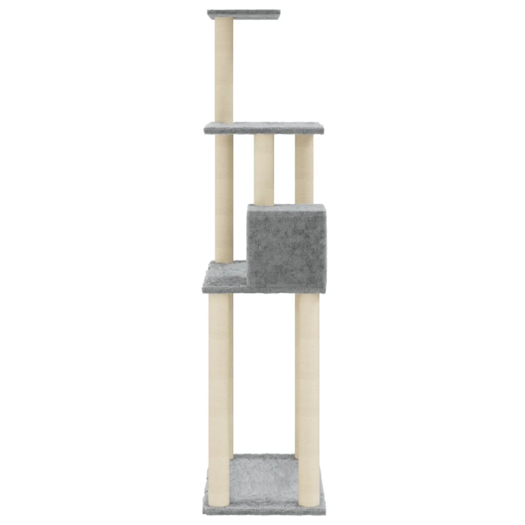 Cat house with sisal rope and scratching post, light grey, 147 cm