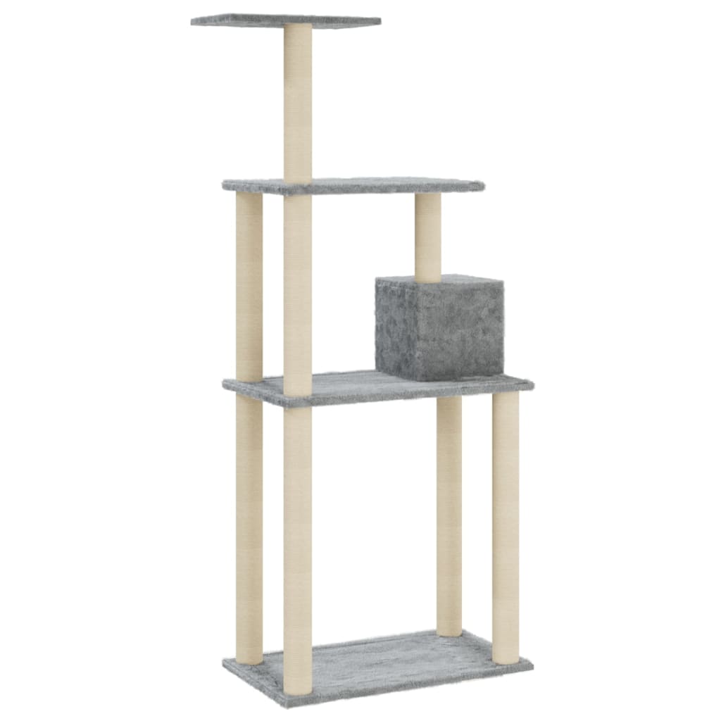 Cat house with sisal rope and scratching post, light grey, 147 cm