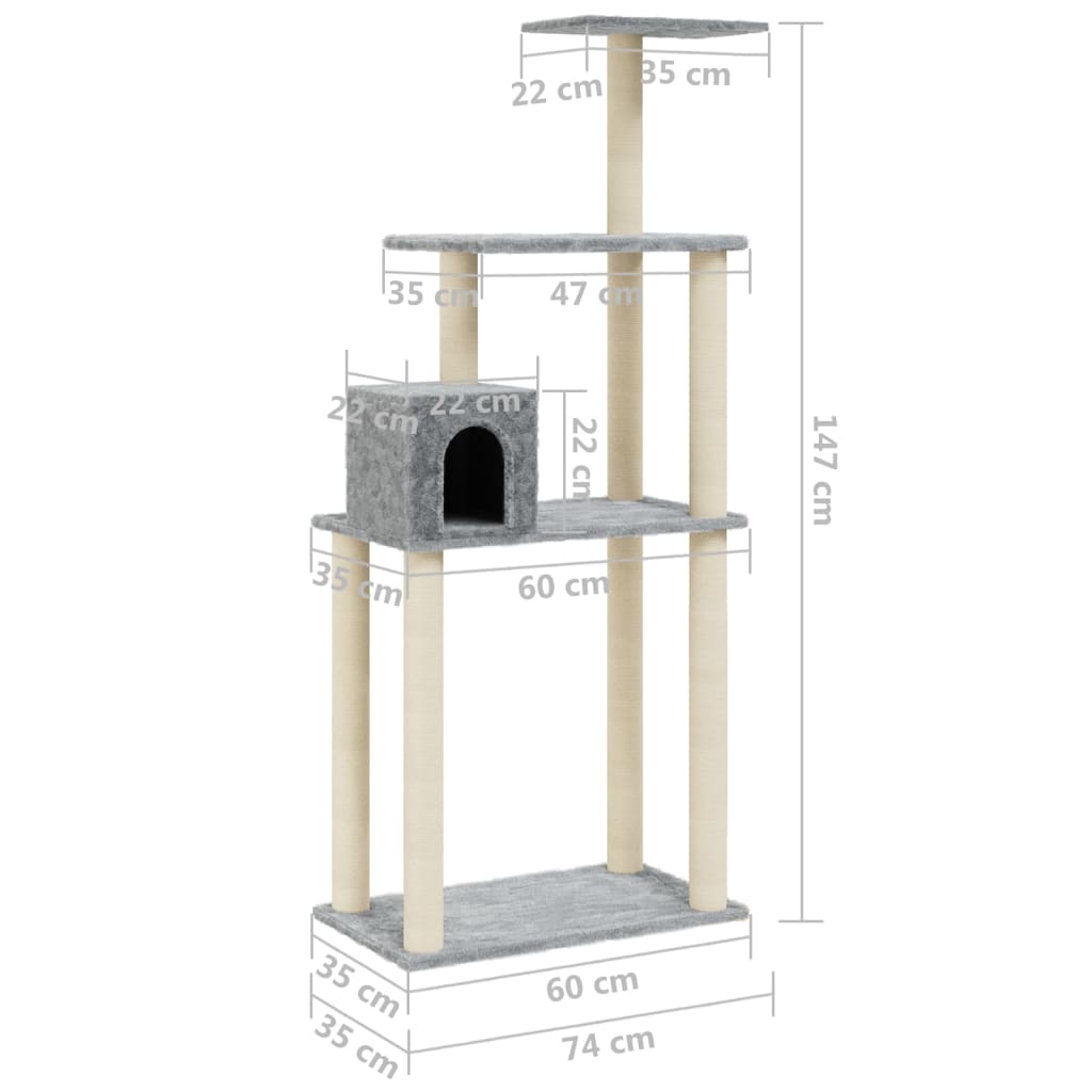 Cat house with sisal rope and scratching post, light grey, 147 cm