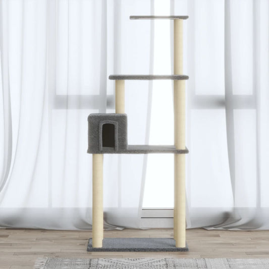 Cat house with sisal rope and scratching post, light grey, 147 cm