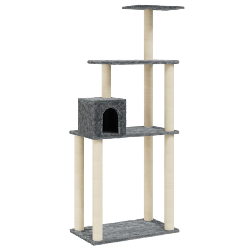 Cat house with sisal rope and scratching post, dark grey, 147 cm