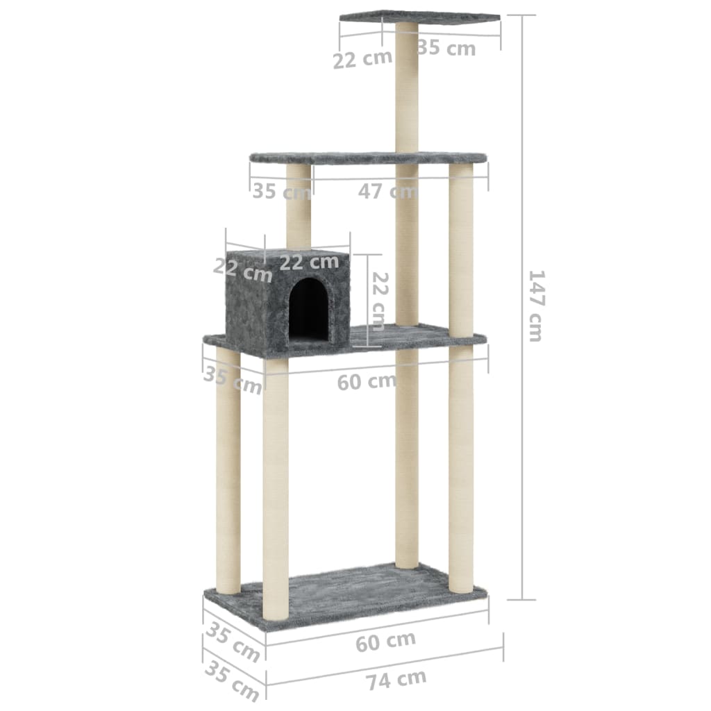 Cat house with sisal rope and scratching post, dark grey, 147 cm