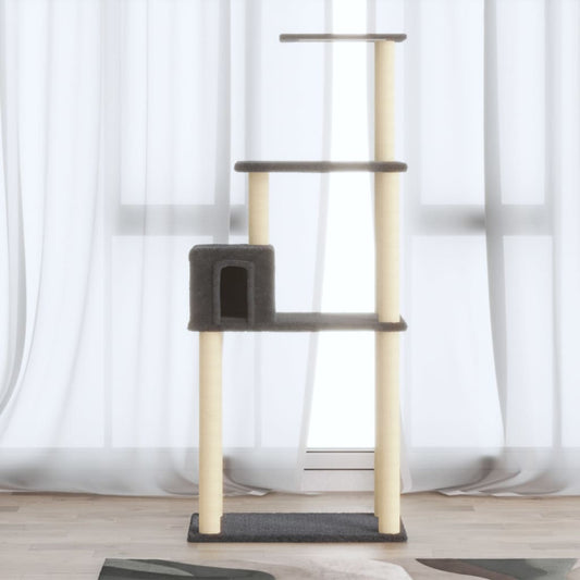 Cat house with sisal rope and scratching post, dark grey, 147 cm