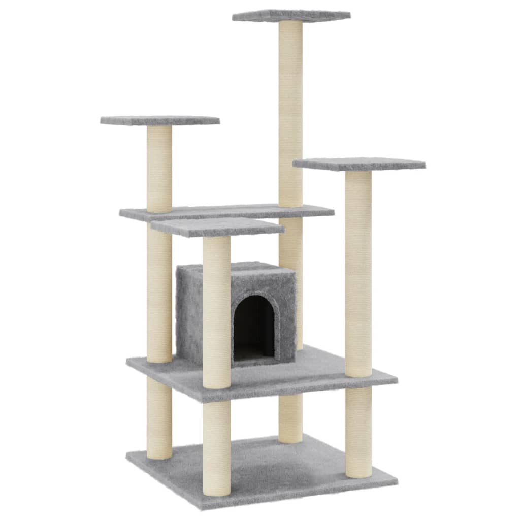 Cat house with sisal rope and scratching post, light grey, 110 cm