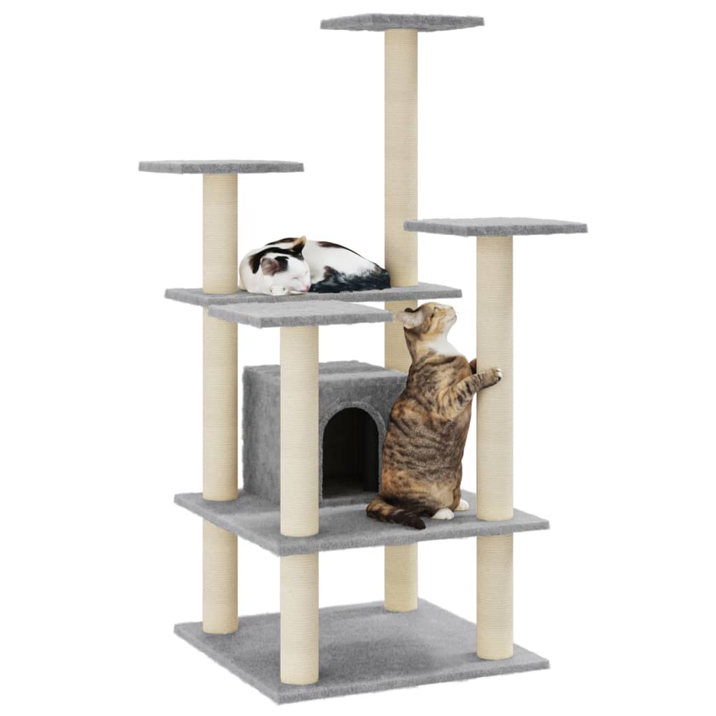 Cat house with sisal rope and scratching post, light grey, 110 cm