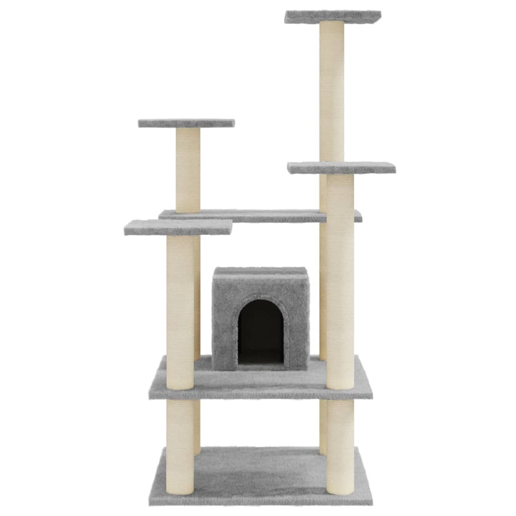 Cat house with sisal rope and scratching post, light grey, 110 cm