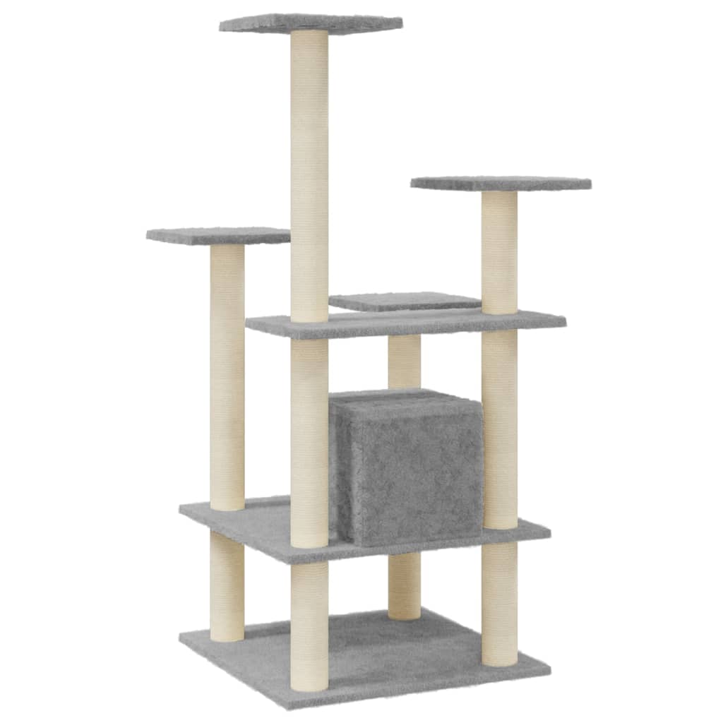 Cat house with sisal rope and scratching post, light grey, 110 cm