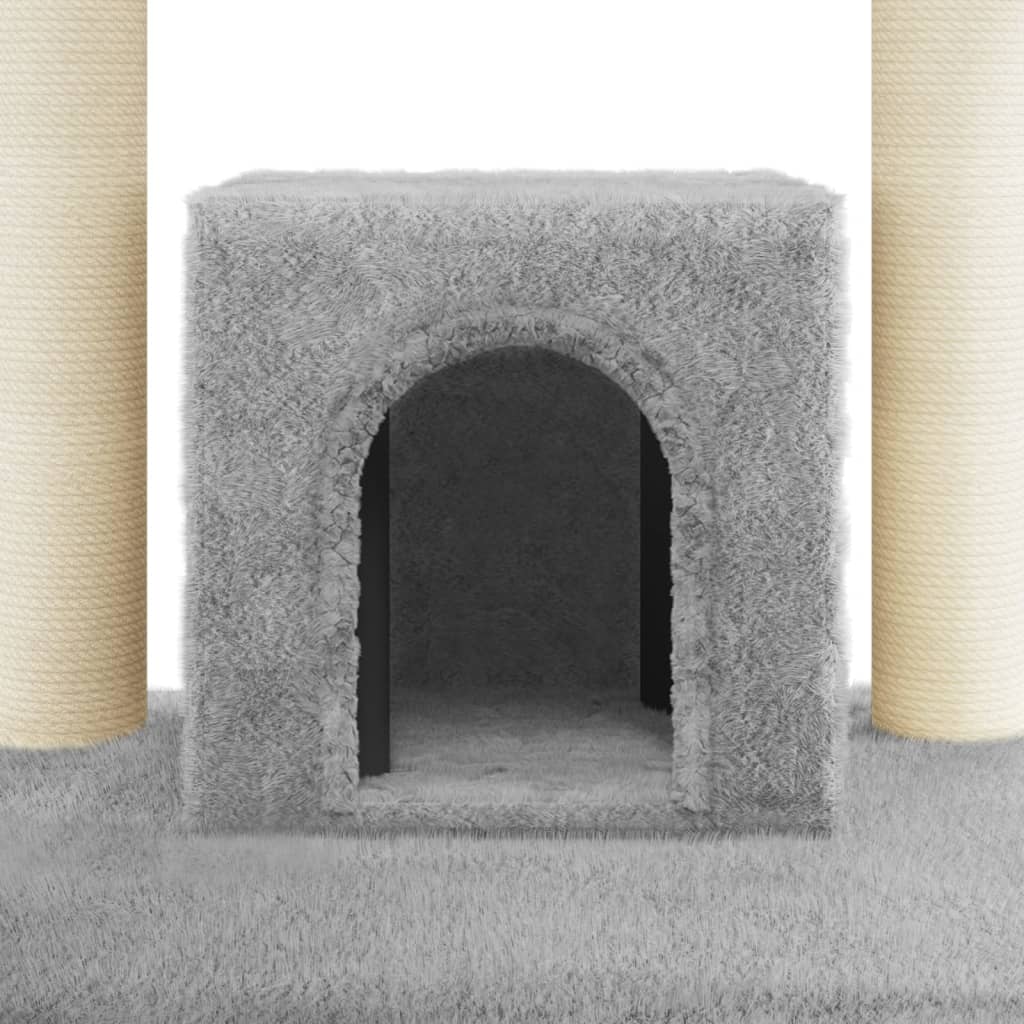 Cat house with sisal rope and scratching post, light grey, 110 cm