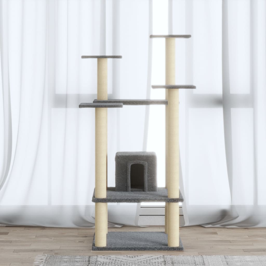 Cat house with sisal rope and scratching post, light grey, 110 cm